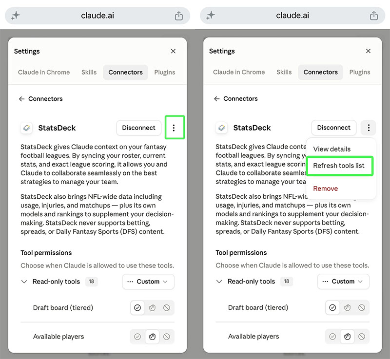 Where to find Refresh Tools List in Claude's connector settings