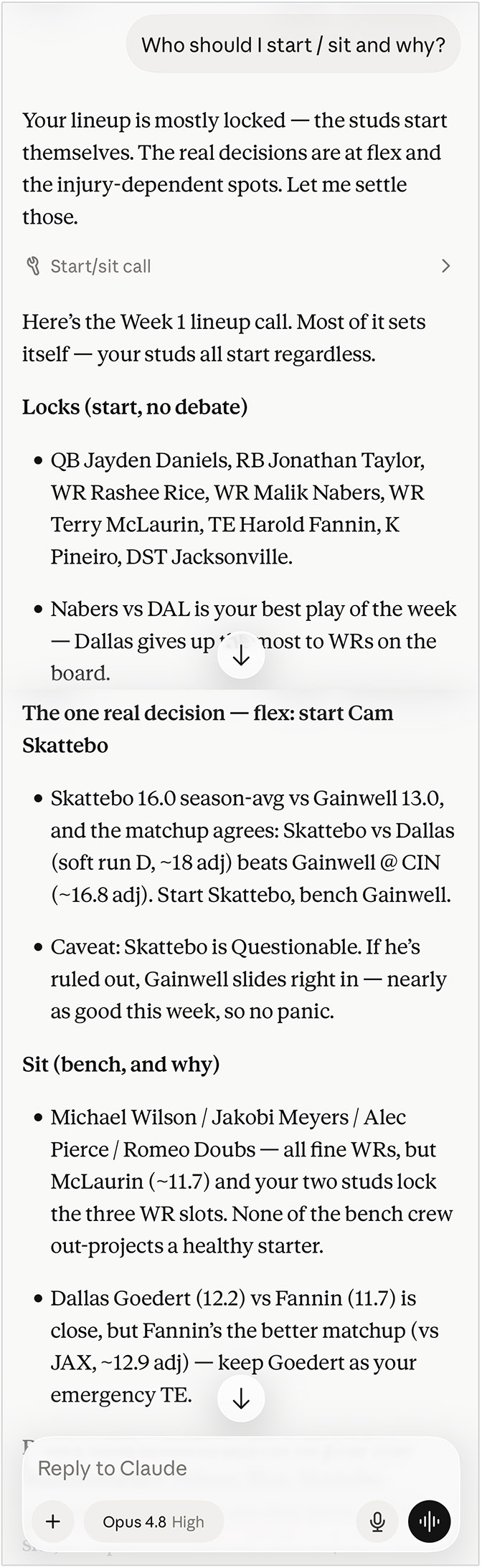 StatsDeck start/sit — screenshot 1